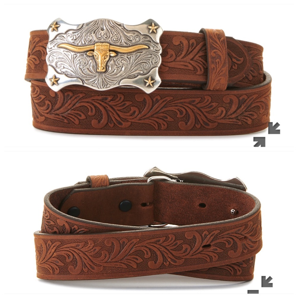 Tony Lama Kids' Aged Brown with Texas Longhorn Buckle Tooled Belt - 24”